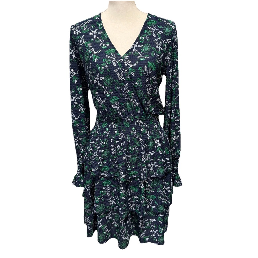 MICHAEL KORS Tiered Floral‎ Blouson Dress Blue Floral Ruffle Layer Skirt Small